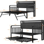 Daybed with Trundle and LED Light, Heavy Duty Metal Twin Bed Frame with Upholstered Storage Headboard & Charging Station, Day Bed Pop Up Trundle Bed Twin for Living Room,Bedroom and Guest Room, Black