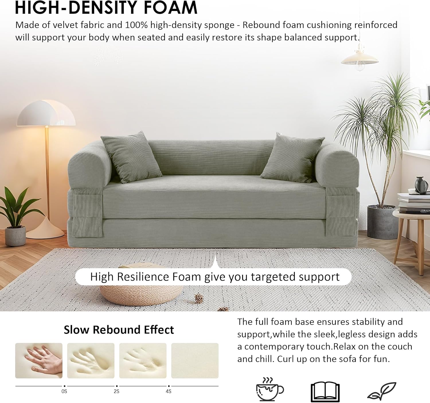 80" Convertible Sofa Bed, Corduroy Deep Seat Folding Pull Out Couch with Pillows, No Assembly Modern Boneless Couch Compression Sofa in Box, Floor Sofa with Storage Pocket for Living Room,Light grey