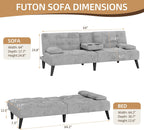 Shintenchi Futon Sofa Bed, Velvet Foldable Couch, Reclining Sleeper with Removable Armrests, Upholstered Loveseat Sofa Couch with Folding Cup Holders for Home, Office, Light Gray