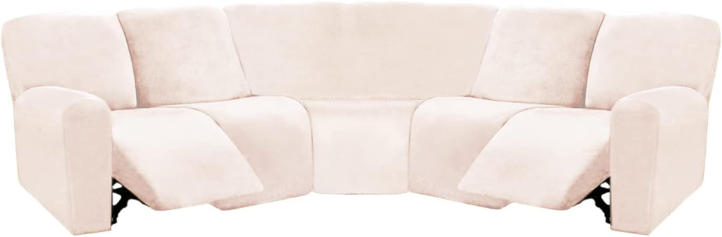 ULTICOR 7-Piece Sectional Recliner Sofa Covers, Velvet Stretch Reclining Couch Covers for Reclining Sofa, Thick, Soft, Washable (Ivory, L Shape 5 Seat Recliner Cover)
