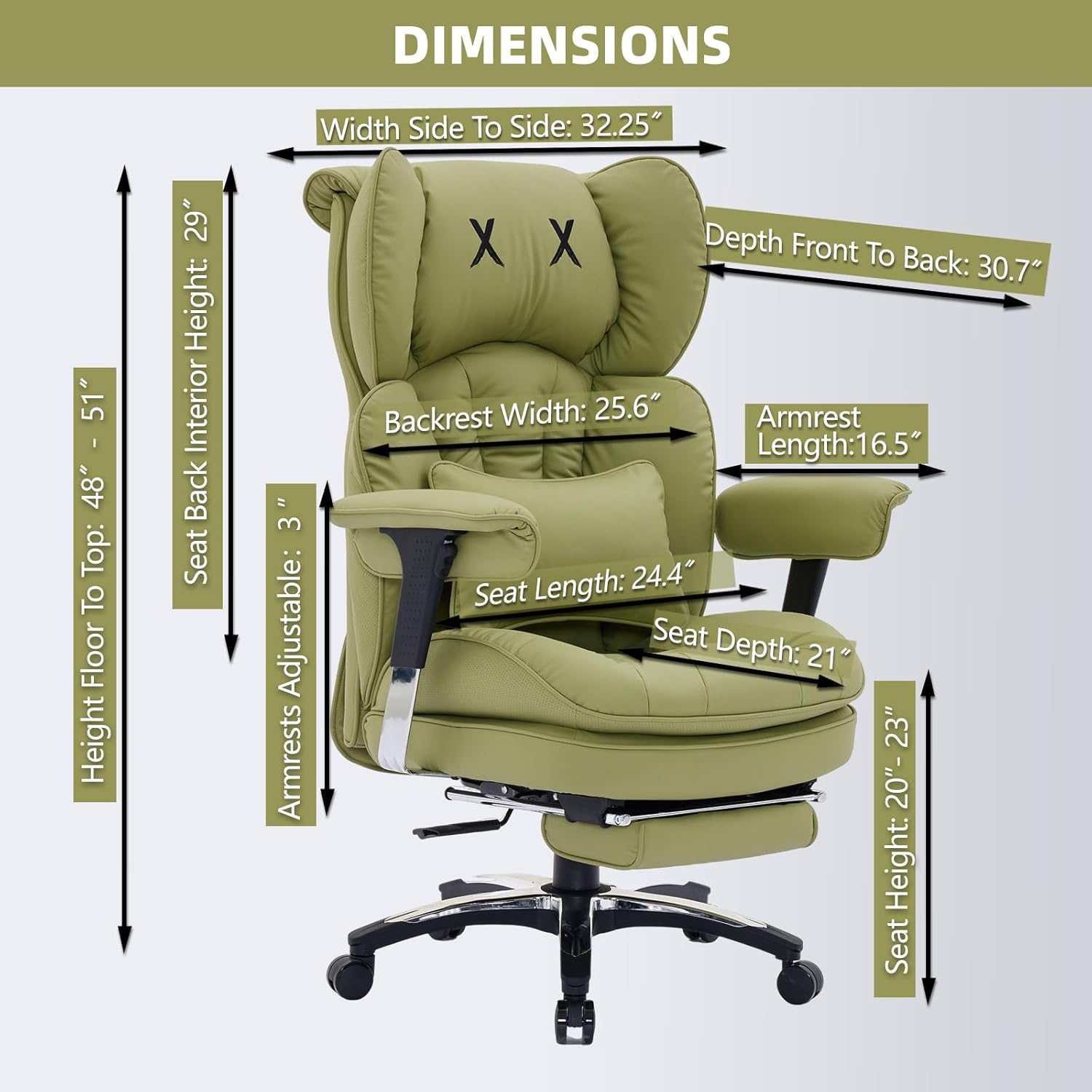 Efomao Big and Tall Office Chair with Footrest – High Back Computer Chair with Adjustable Armrests .Executive Office Chair with Wide Seat, Modern Desk Chair for Home Office, Gaming, or Study, Green