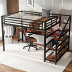 Bellemave Metal Queen Size Loft Bed with Desk and Storage Stairs,Heavy Duty Loft Bed Frame Queen Size with LED Lights and Charging Station for Kids,Teens,Adults,Black