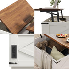 Jocoevol Farmhouse Lift Top Coffee Table, Square Wood Center Table with LED Lighting, USB-C Charging Station, and Hidden Storage Compartment - Rustic White & Oak Living Room Furniture