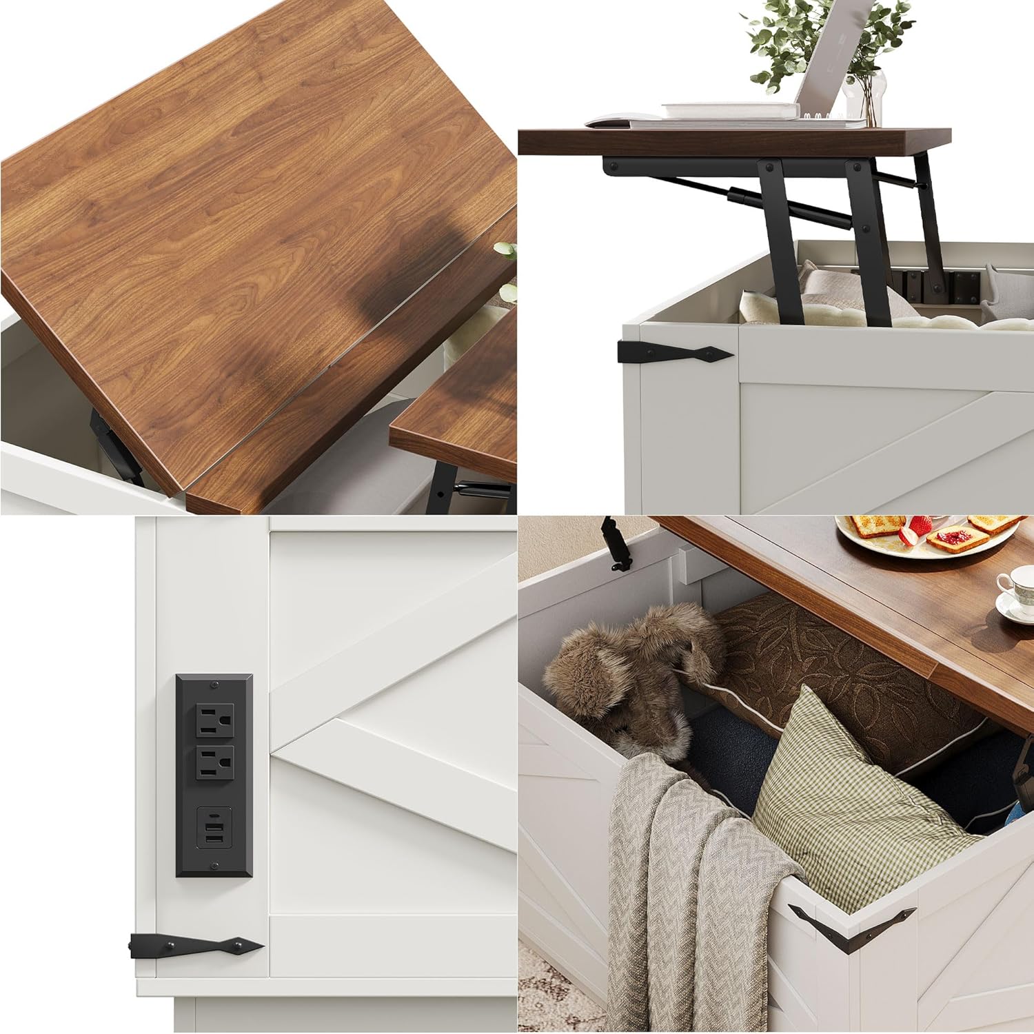 Jocoevol Farmhouse Lift Top Coffee Table, Square Wood Center Table with LED Lighting, USB-C Charging Station, and Hidden Storage Compartment - Rustic White & Oak Living Room Furniture
