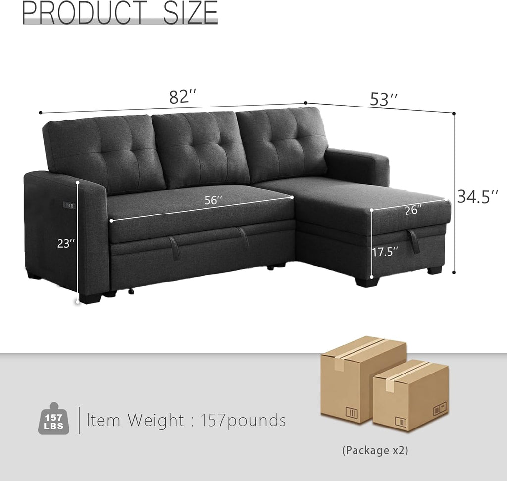 Dreamzie L Shaped Sectional Sleeper Sofa with Storage Chaise, 3 Seater Pull Out Couch for Living Room, Convertible Sofa Bed Couch with Charging Ports for Apartment, Office - Dark Grey | Linen