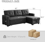 Dreamzie L Shaped Sectional Sleeper Sofa with Storage Chaise, 3 Seater Pull Out Couch for Living Room, Convertible Sofa Bed Couch with Charging Ports for Apartment, Office - Dark Grey | Linen