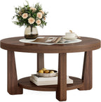 LITTLE TREE Modern Round Coffee Table, 2-Tier Wood Coffee Table with Storage, Marble-Like Tabletop for Living Room, Simple & Modern Center Table for Small Space, Brown
