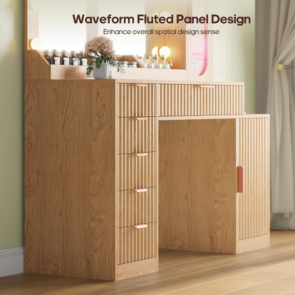 BTHFST Fluted Makeup Vanity Desk with Large 31.5" Mirror and Lights, 46.1" Wood Vanity with Charging Station & RGB Lights, Dressing Table with 6 Drawers & Cabinet & Shelves, Oak