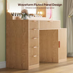 BTHFST Fluted Makeup Vanity Desk with Large 31.5" Mirror and Lights, 46.1" Wood Vanity with Charging Station & RGB Lights, Dressing Table with 6 Drawers & Cabinet & Shelves, Oak