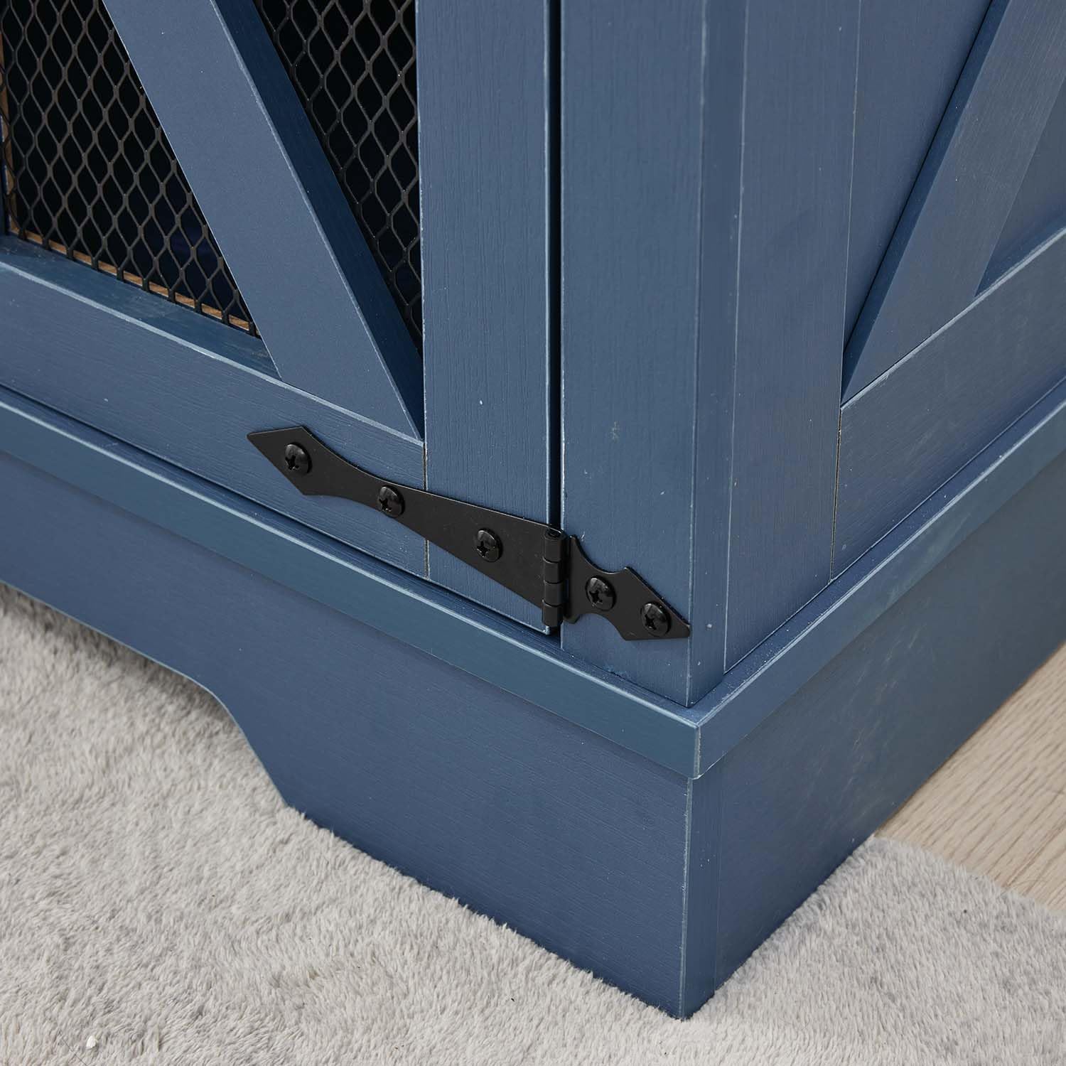 24" Farmhouse End Table Set of 2 with Charging Station and Mesh Barn Door, Rustic Wood Nightstand with Storage Shelf for Living Room & Bedroom, Navy Blue