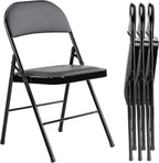 DUMOS 4 Pack PU Leather Padded Folding Chair, Indoor Outdoor Portable Stackable Seat with Steel Frame, for Home, Office, Party, Dining, Black