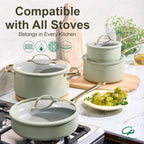 Chef Power Ceramic Cookware Sets, 10Pcs Pots and Pans Set Non Stick, Cookware Set with Stainless Steel Handle, Dishwasher & Oven Safe, Sage Green and Granite Grey