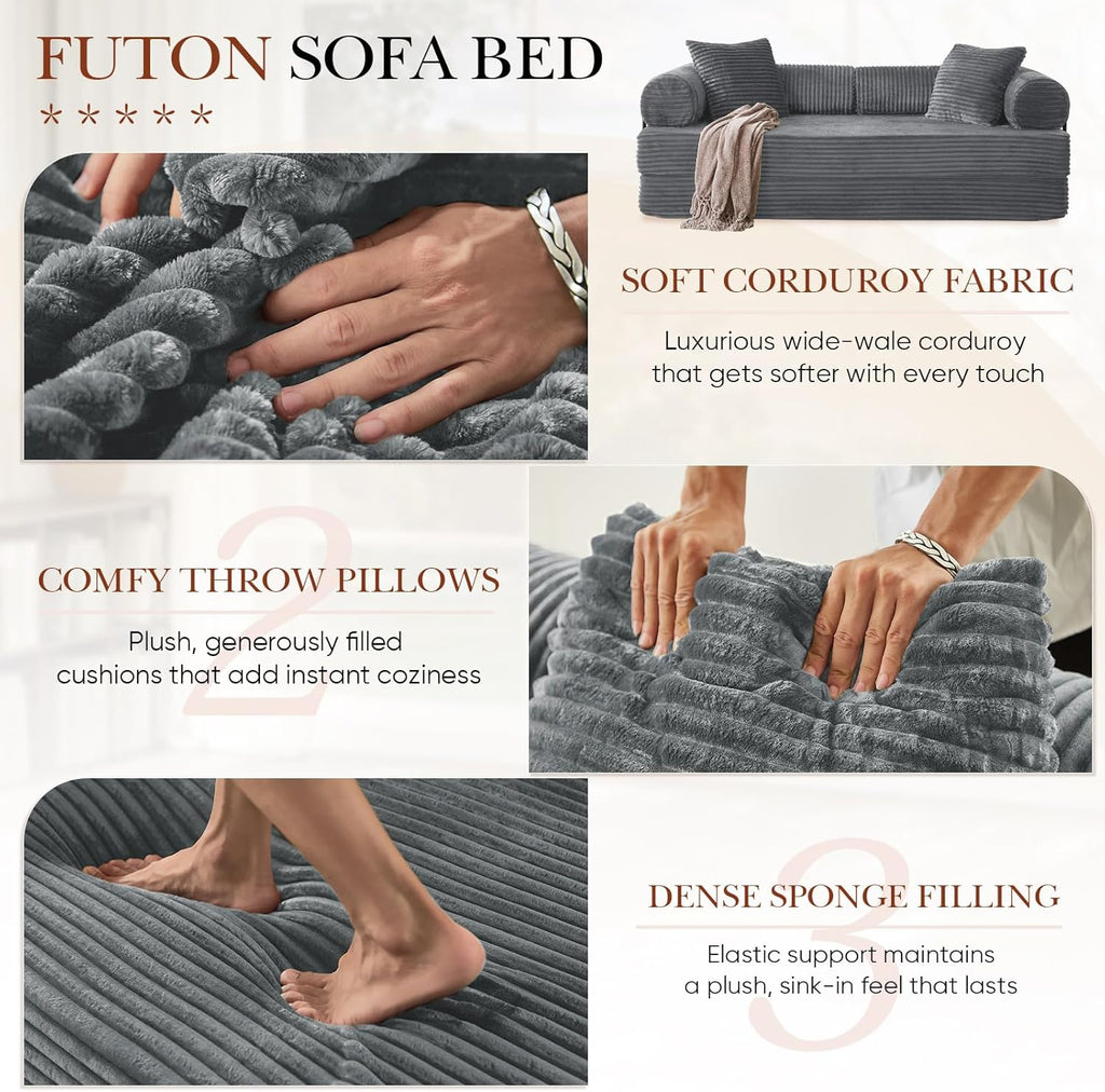 Antetek Modular Couch Bed, Convertible Folding Plush Corduroy Comfy Floor Compression Loveseat Sleeper Sofa Couch, King Size Bed for Guest Room Living Room Bedroom, No Assembly Required, Light Grey