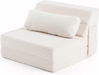 Folding Sofa Bed with Pillow, Convertible Sleeper Chair, Comfy Floor Futon Couch Mattress Lounge Sofa for Adults Portable Fold Out Chair Bed for Living Room Bedroom, Single, Beige