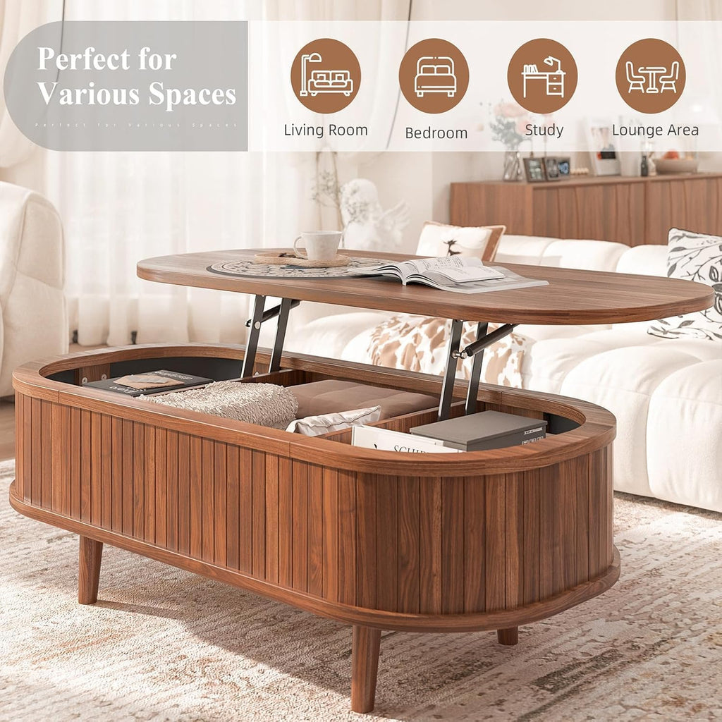 Easyego Oval Lift Top Coffee Table with Storage, 40" Fluted Modern Hidden Compartment Center Table for Living Room, Small Space Apartment, Home Office Desk, Walnut