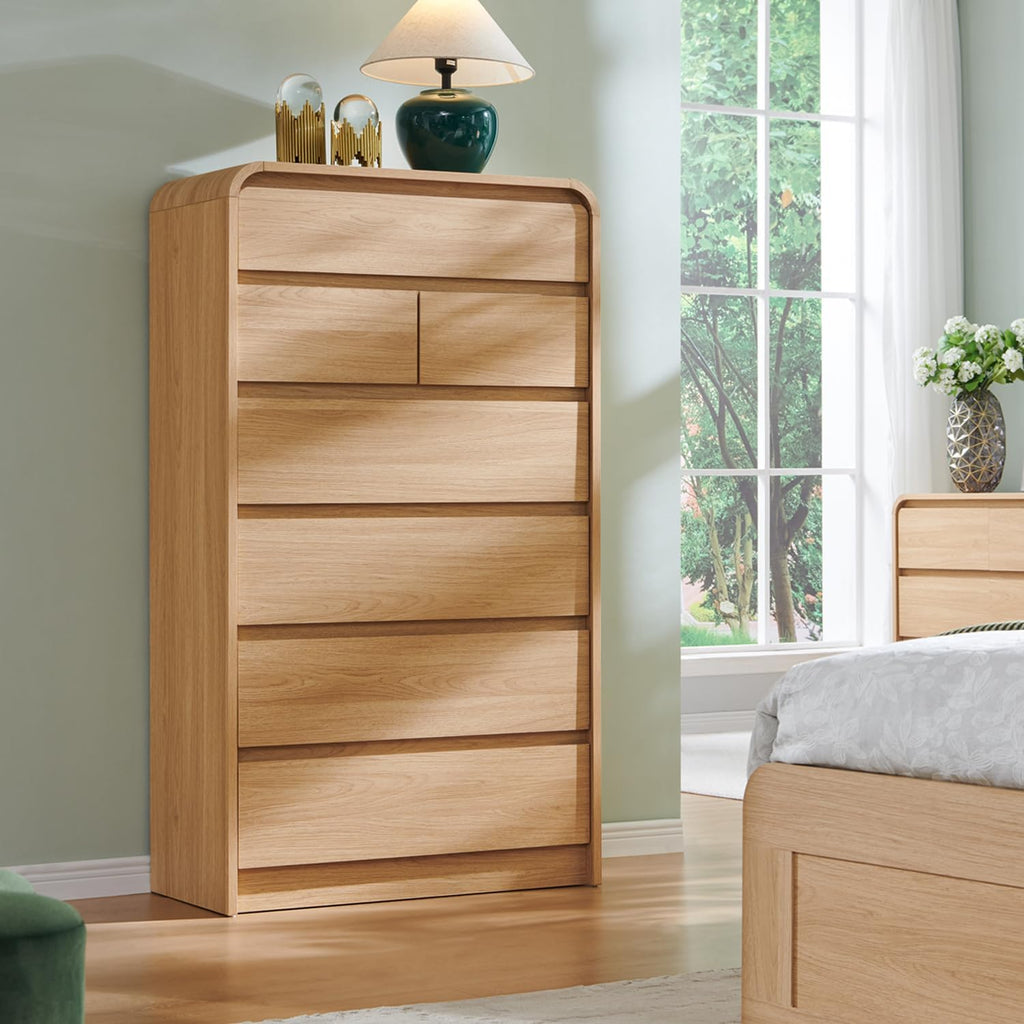 Modern 7 Drawers Dresser for Bedroom, 55" Tall Dressers & Chest of Drawers w/Curved Profile Design, Wood Mid Century Vertical Storage Dressers Organizer for Bedroom, Living Room, Natural Oak