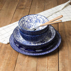 Selamica Dinnerware Sets 16 Piece, Ceramic Plates and Bowls Set, Embossed Dishes Set for 4, Housewarming, Dark Blue