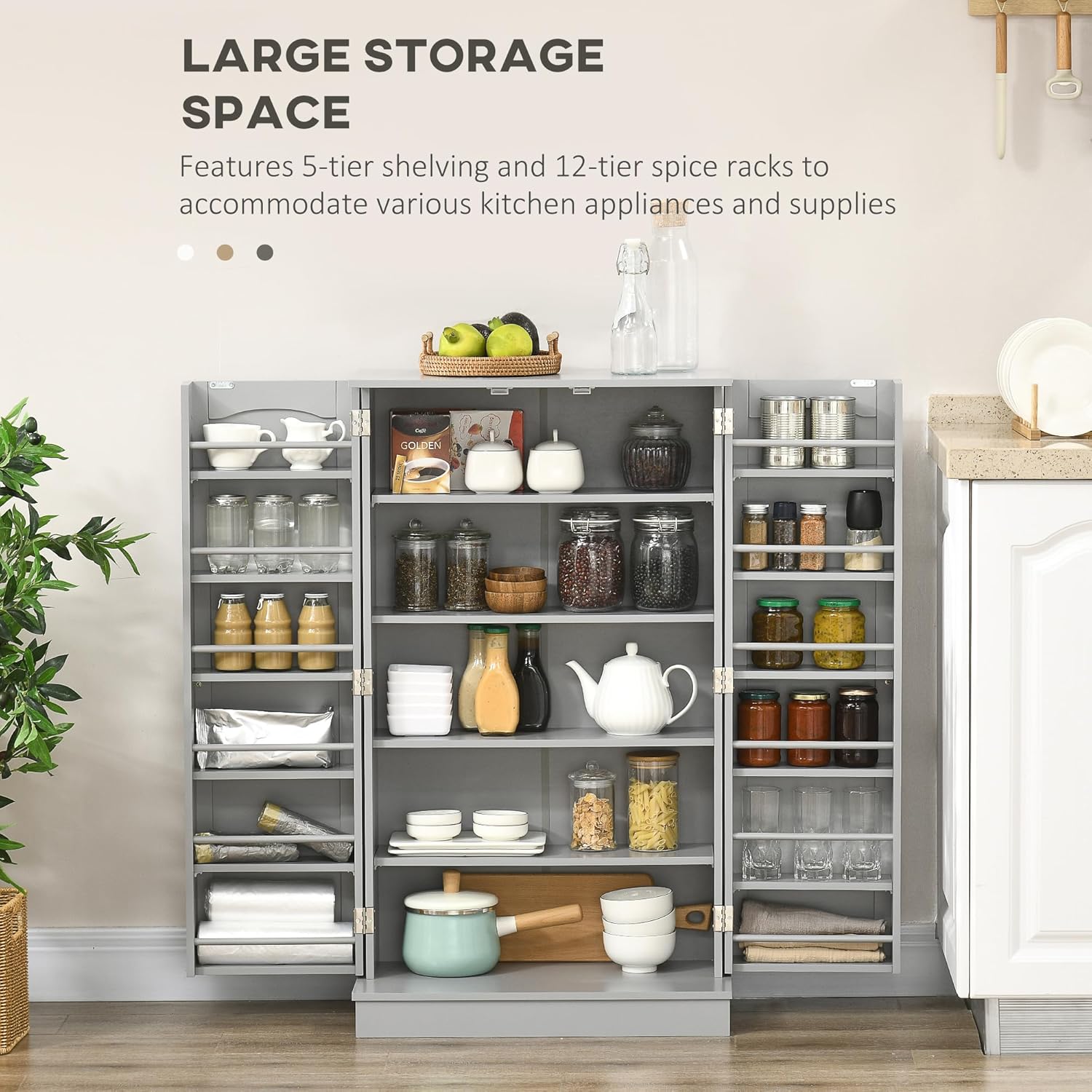 HOMCOM 41" Kitchen Pantry Storage Cabinet, Freestanding Kitchen Cabinet with 12 Door Shelves, Double Doors, 5-Tier Shelving and Adjustable Shelves, Gray