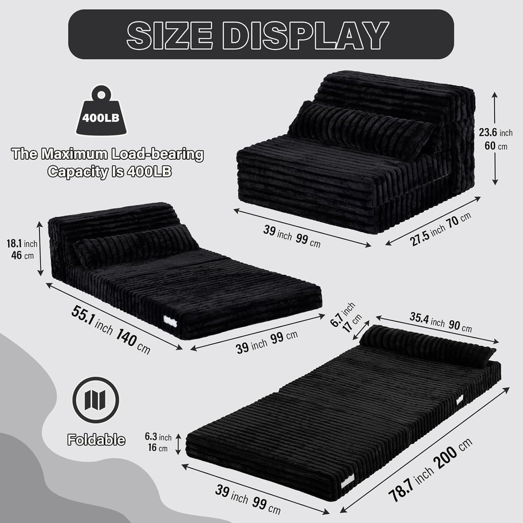Tiita Folding Sofa Bed Twin Size, Convertible Sleeper Chair Mattress with Pillow, Thick Corduroy Floor Mattress Couch Bed with Side Pocket, Guest Room, Dorm, Apartment, Balck