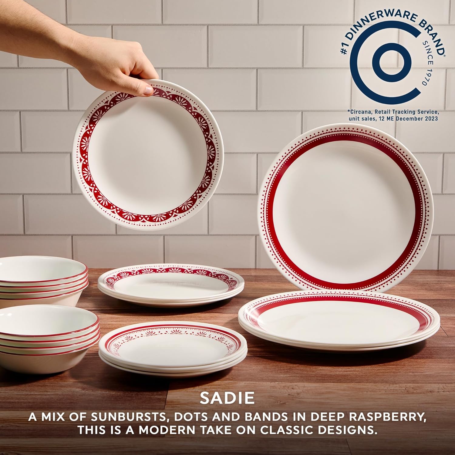 Corelle Everyday 18-PC Dinnerware Set Service for 6, Durable and Eco-Friendly, Higher Rim Glass Plate & Bowl Set, Microwave and Dishwasher Safe, Sadie