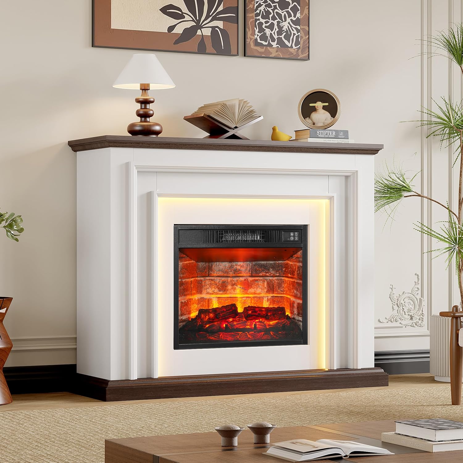 44 Inches LED Lights Electric Fireplace with Mantel, Tall Fireplace Heater Freestanding, Delicate Three-Dimensional molding with Remote Control Timer LED Flame for Living Room, Bedroom, White&Brown