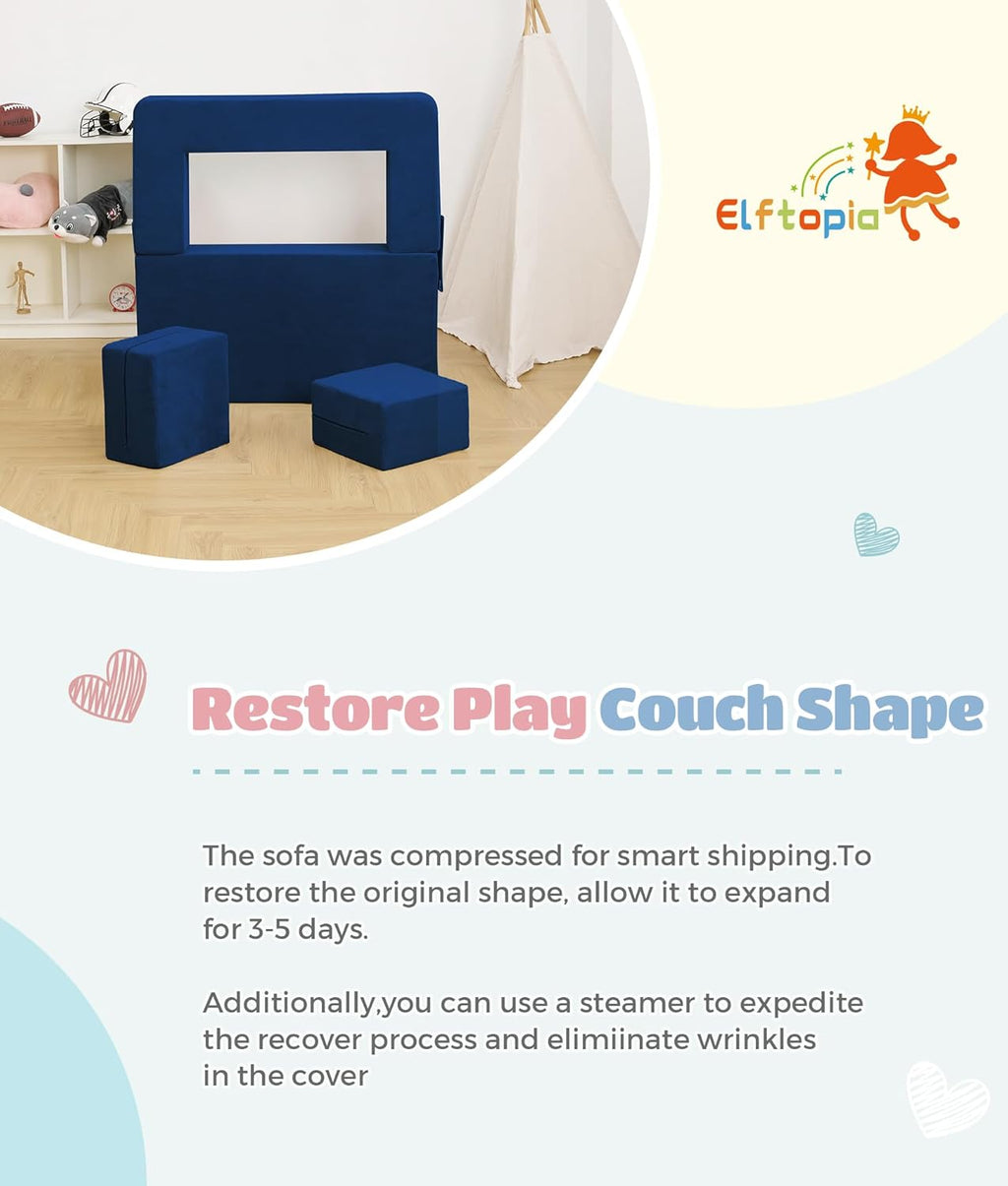 Elftopia Modular Kids Sofa,Toddler Couch Foam Armchair for Kids, Children Convertible Plush Sofa Play Set,Fold Out SofaBed(Navy)