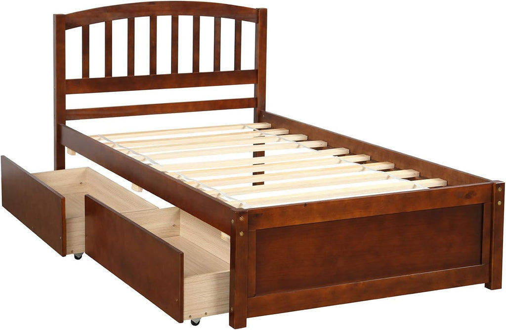 Harper & Bright Designs Twin Bed Frame with Storage, Wood Platform Bed with 2 Drawers and Headboard (Walnut)