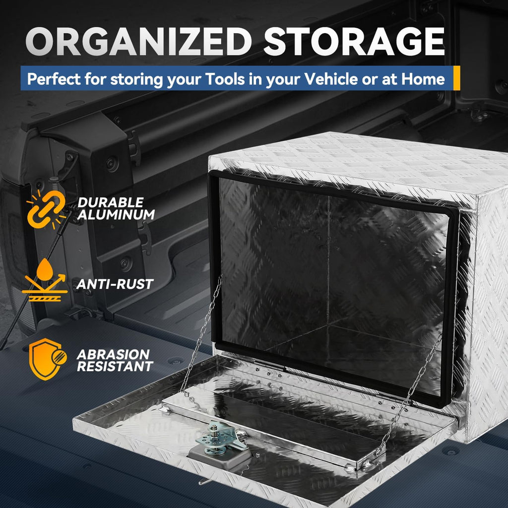 Underbody Truck Box, 24'' D x 17.7"W x 18.1"H Pickup Storage Box, Heavy Duty Aluminum Diamond Plate Tool Box with Lock and Keys, Waterproof Trailer Storage Box with T-Handle Latch - Silver
