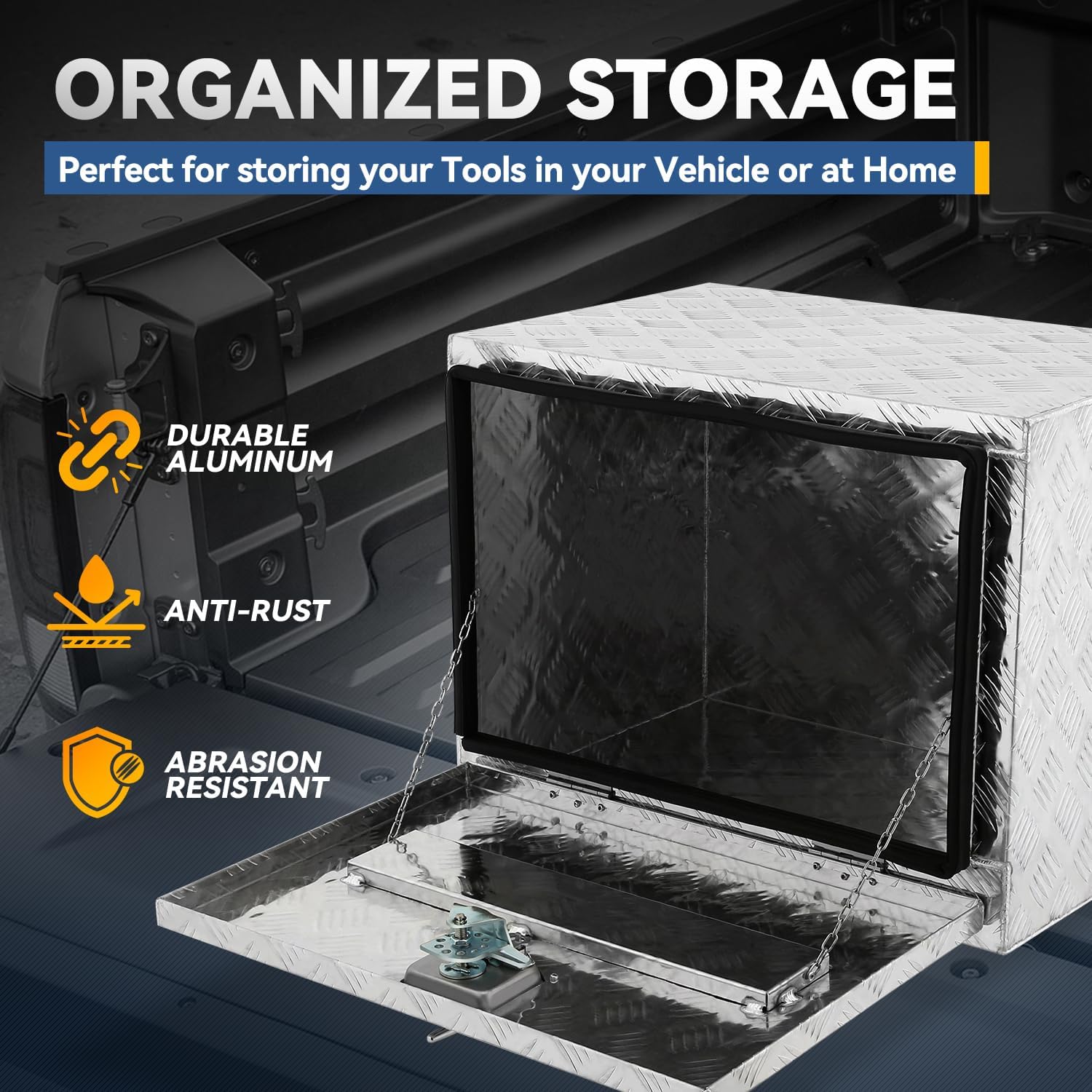 Underbody Truck Box, 24'' D x 17.7"W x 18.1"H Pickup Storage Box, Heavy Duty Aluminum Diamond Plate Tool Box with Lock and Keys, Waterproof Trailer Storage Box with T-Handle Latch - Silver