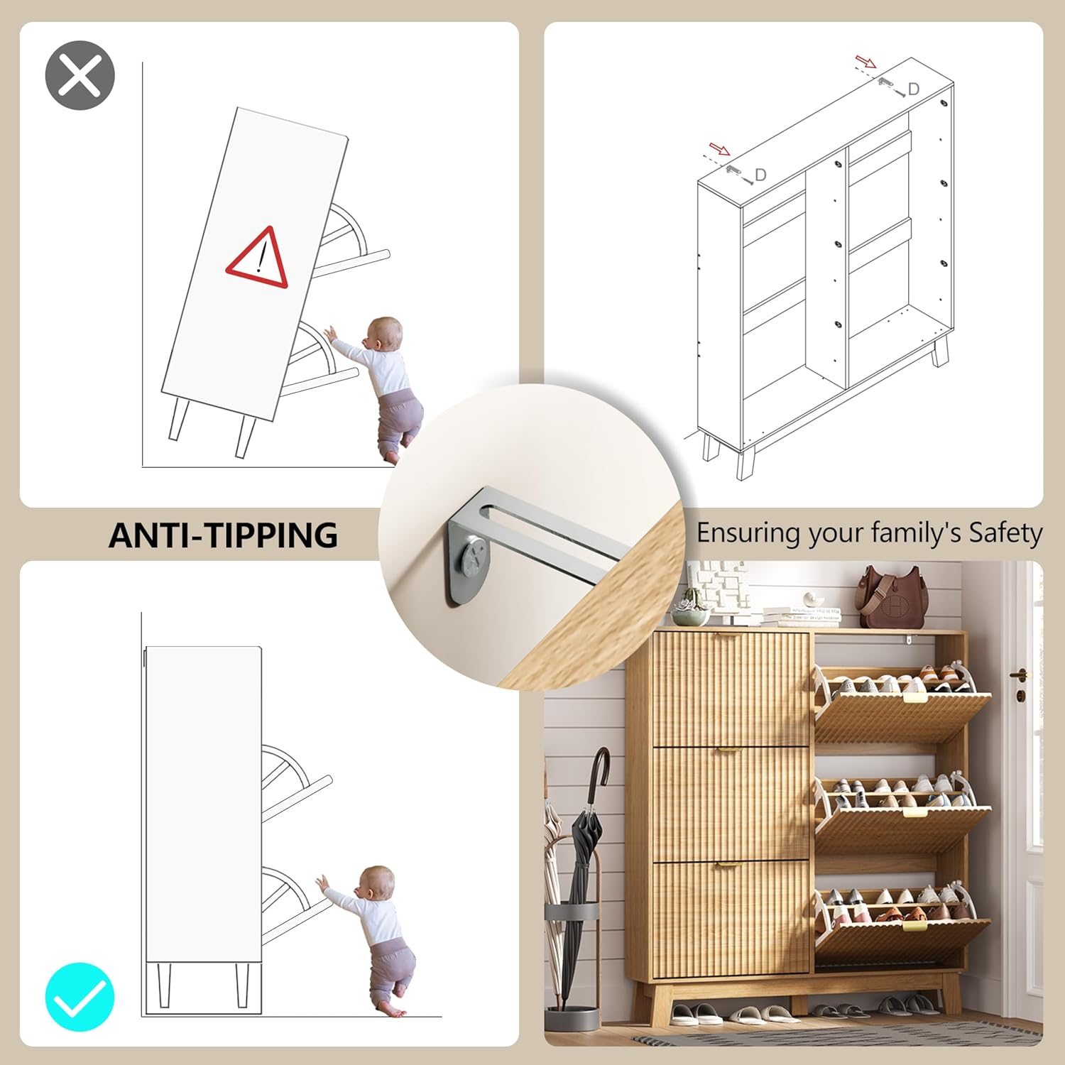 Shoe Cabinet Storage for Entryway with 6 Flip Drawers, Fluted Narrow Shoe Organizer with Wooden Legs, Freestanding Slim Shoe Storage Hidden Shoe Rack Organizer for Front Door Entrance, Oak