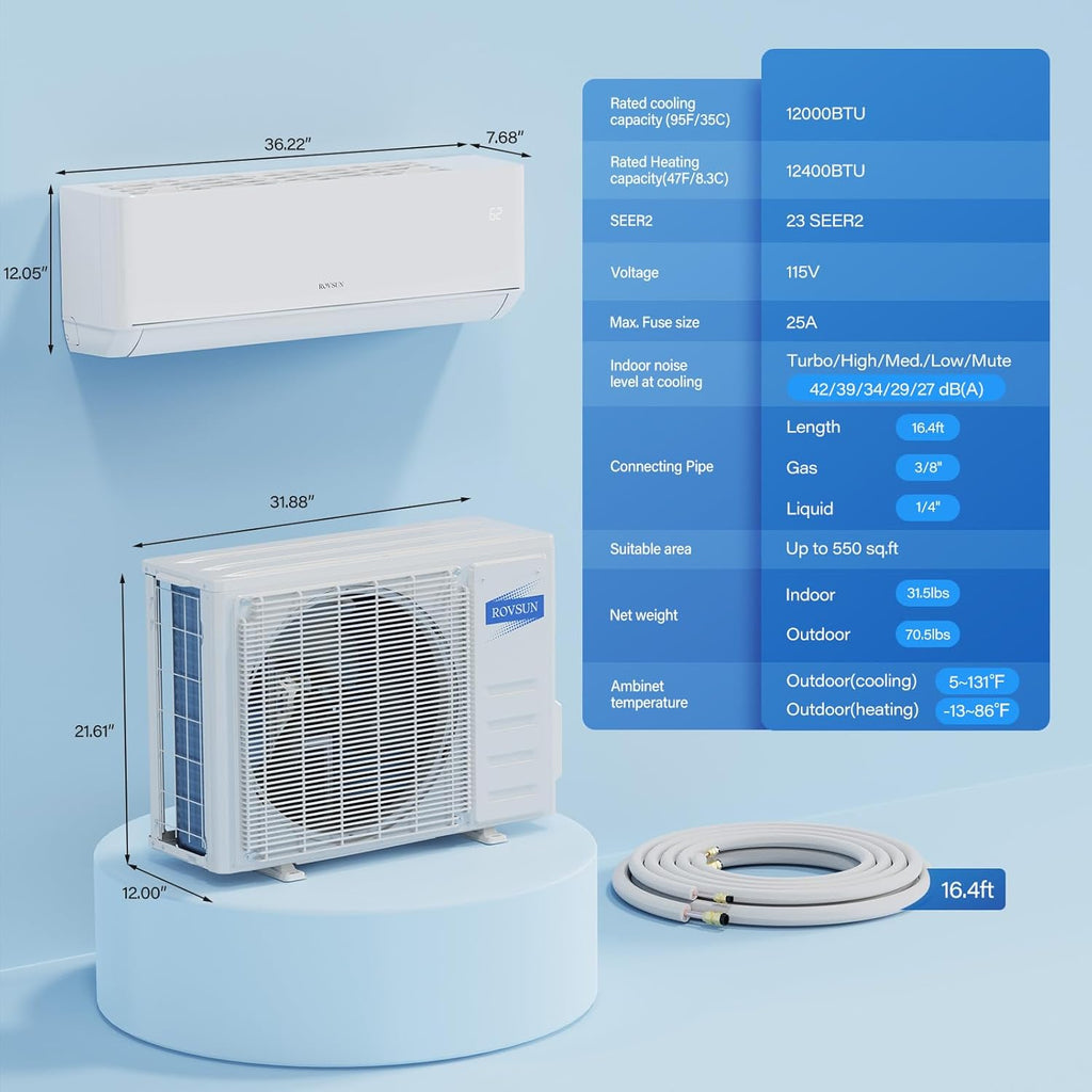 ROVSUN 12,000 BTU Smart WIFI Mini Split AC/Heating System with Inverter & APP Control, 23 SEER2 Ductless Split Air Conditioner with Pre-Charged Condenser, Heat Pump & Installation Kit, 115V