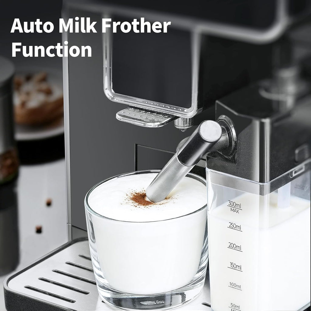 Automatic Espresso Machine with Grinder and Milk Frother - Auto Coffee Maker with 7 One-Touch Coffee Recipes for Latte, Cappuccino, Americano, Iced and Hot Coffee (Grey coffee machine)
