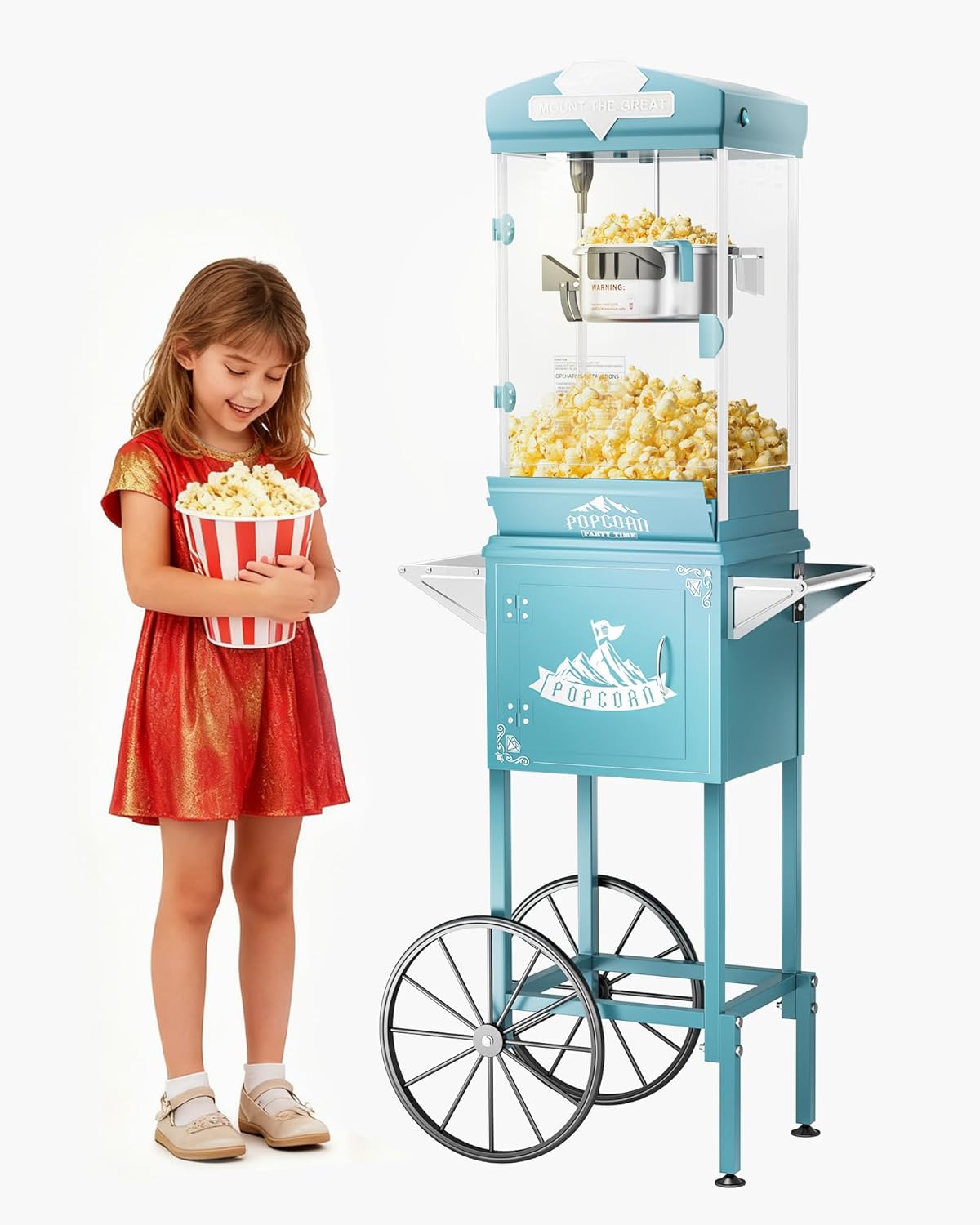 10 oz Popcorn Machine Cart, Popcorn Maker Machine with Wheel & Stainless-Steel Kettle Makes Up to 40 Cups, Vintage Movie Theater Style Pop Corn Machine, Cyan