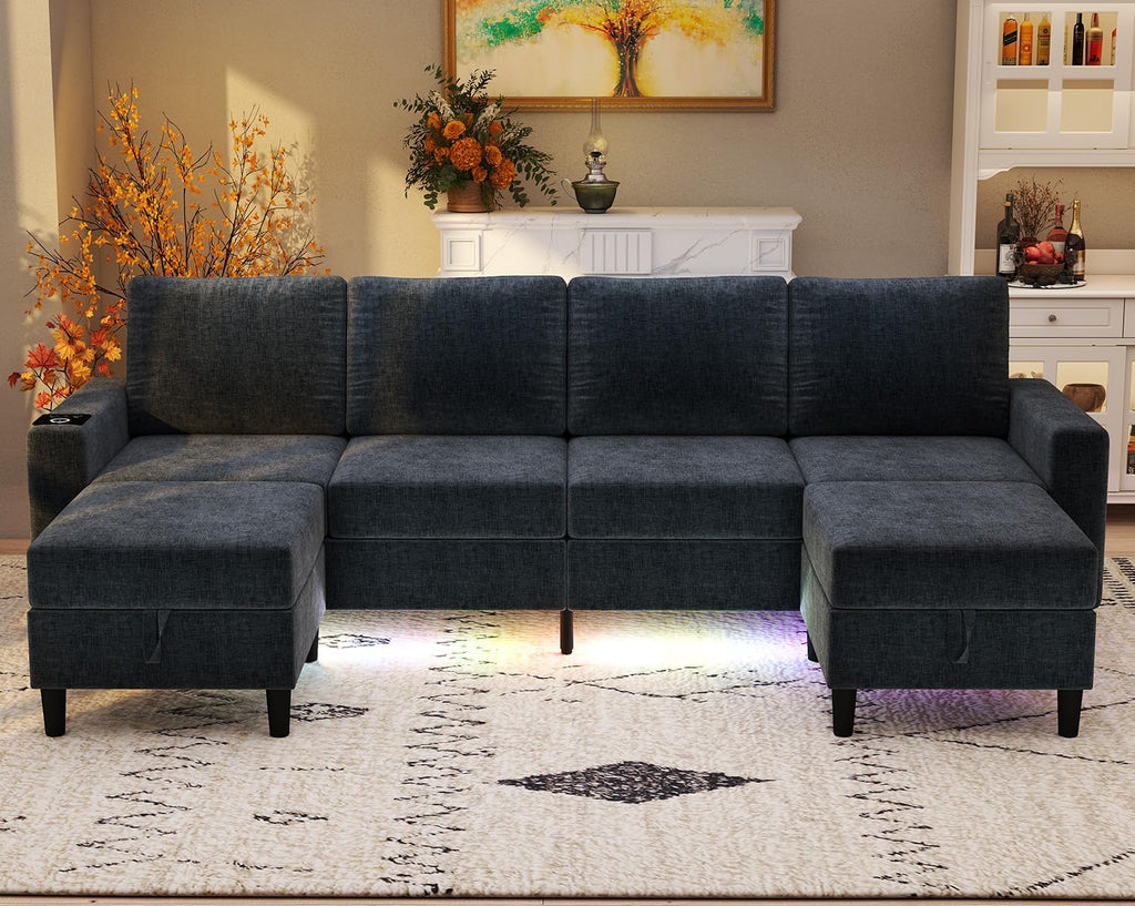 Sectional Couches for Living Room, 6 Seat Chenille Sectional Sofa with Smart Module-Wireless Charging/USB/Type-C/RGB Light, U Shaped Couch with 2 Movable Storage Ottomans (Dark Grey)
