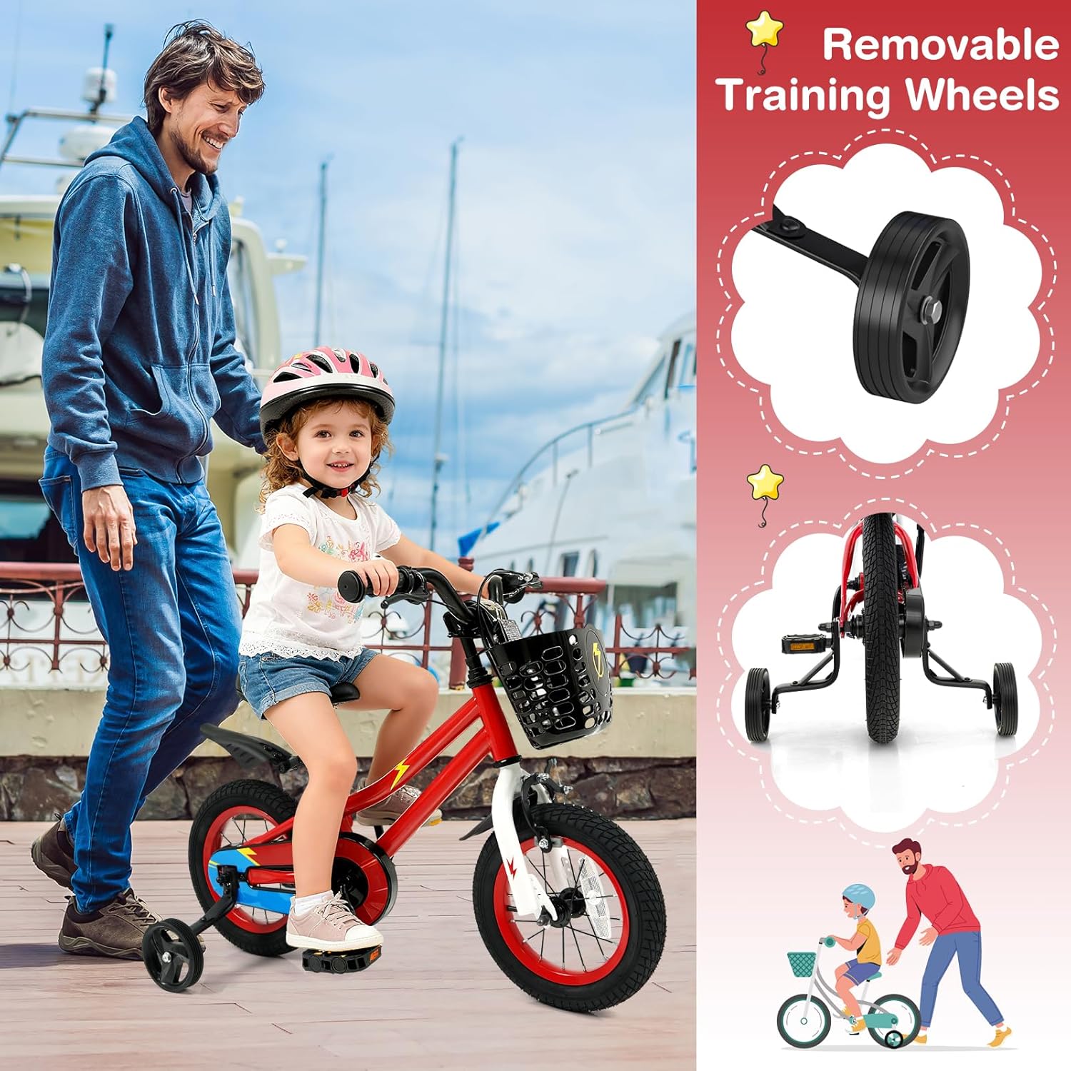 COSTWAY Kids Bike, 12 14 16 18 20 Inch Toddler Bike for Boys & Girls Aged 3-8 Years Old, Kids Bicycle w/Removable Training Wheels, Handbrake & Coaster Brake, Basket, Bell