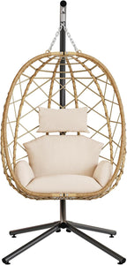 SWITTE Hanging Egg Chair with Stand, Outdoor Indoor Rattan Wicker Egg Swing Chair with Cushion, Heavy Duty Patio Hammock Chairs for Garden Backyard Balcony Bedroom, 400LBS Capacity, Cream