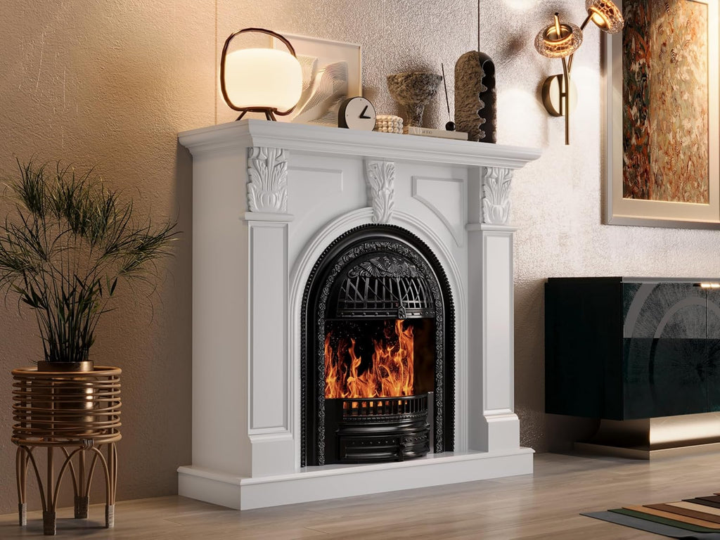 BLANKSPACE 48" Electric Fireplace with Mantel, Tv Stand with Black Birdcage Fire Place Heater and Carved Square Column Design Design for Living Room, Bedroom