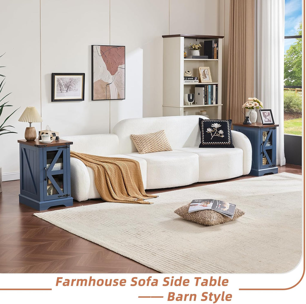 Farmhouse End Table Set 3, Narrow 18'' Night Stand with Glass Barn Door, 24" Square Side Table with Charger Station, Living Room Furniture Sets, Wood Nightstand Bedside Tables for Bedroom