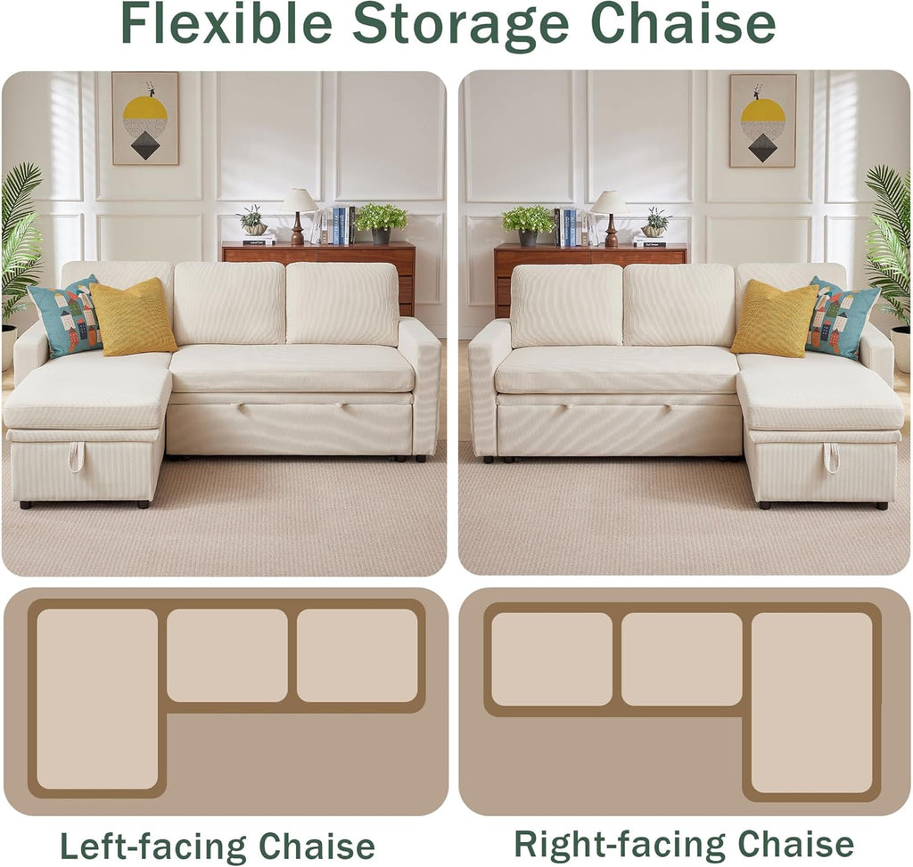 Sleeper Sofa, 79" Sectional Sofa Bed, 2 in 1 Pull Out Couch Bed with Storage Chaise and Side Pockets, L Shaped Sleeper Couch for Living Room, Beige
