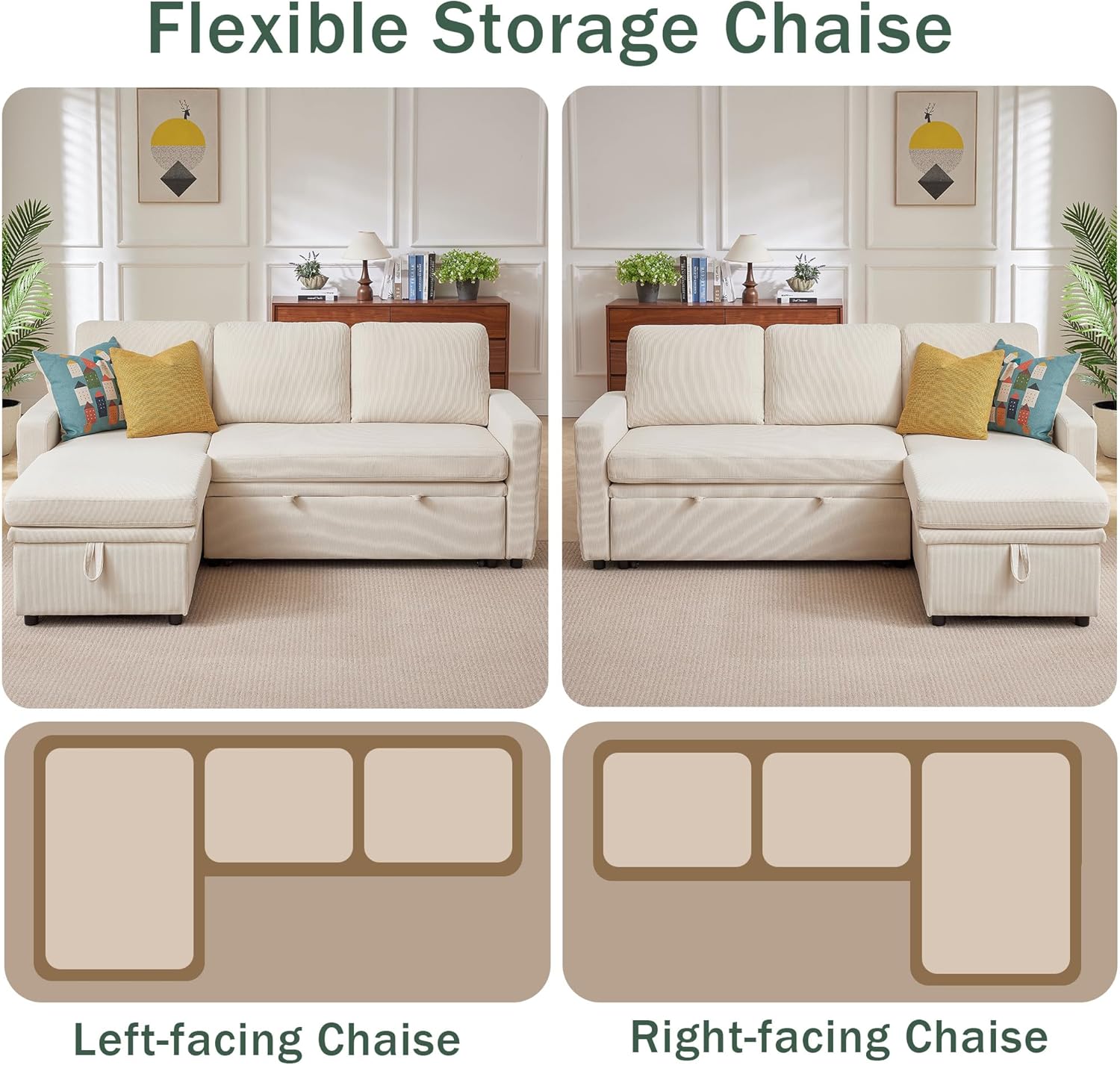 Sleeper Sofa, 79" Sectional Sofa Bed, 2 in 1 Pull Out Couch Bed with Storage Chaise and Side Pockets, L Shaped Sleeper Couch for Living Room, Beige