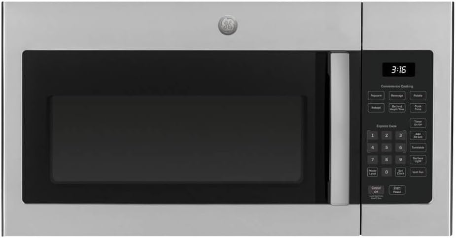 GE JVM3160RFSS 30" OTR Microwave, 1.6 cu ft, 1000W, 300 CFM Hood Vent, LED Lighting, Auto Defrost, Easy Mount Install, Stainless Steel