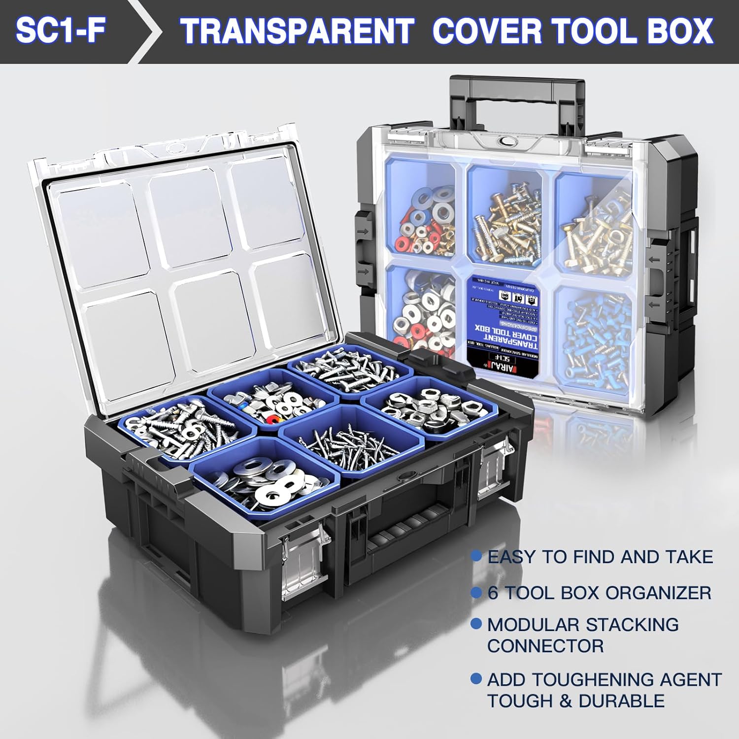 5 Tier Stackable Tool Box with Wheels,Rolling Tool Box with Drawers,Modular Tools Organizer,Portable Tool Box with Transparent Parts Box,Large Capacity Toolbox,for Garage Storage,Home and Repair Shop