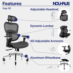 Nouhaus Ergo3D Ergonomic Office Chair Lumbar Support Mesh Office Chair with 4D Adjustable Armrest, Adjustable Headrest and Wheels, Mesh High Back Home Office Desk Chairs(Black)