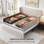 LARMACE King Size Bed Frame with 4 Storage Drawers and Tufted Headboard Linen Upholstered Platform Bed Frame Wingback Beds with Wooden Slats Support, Easy Assembly, Beige