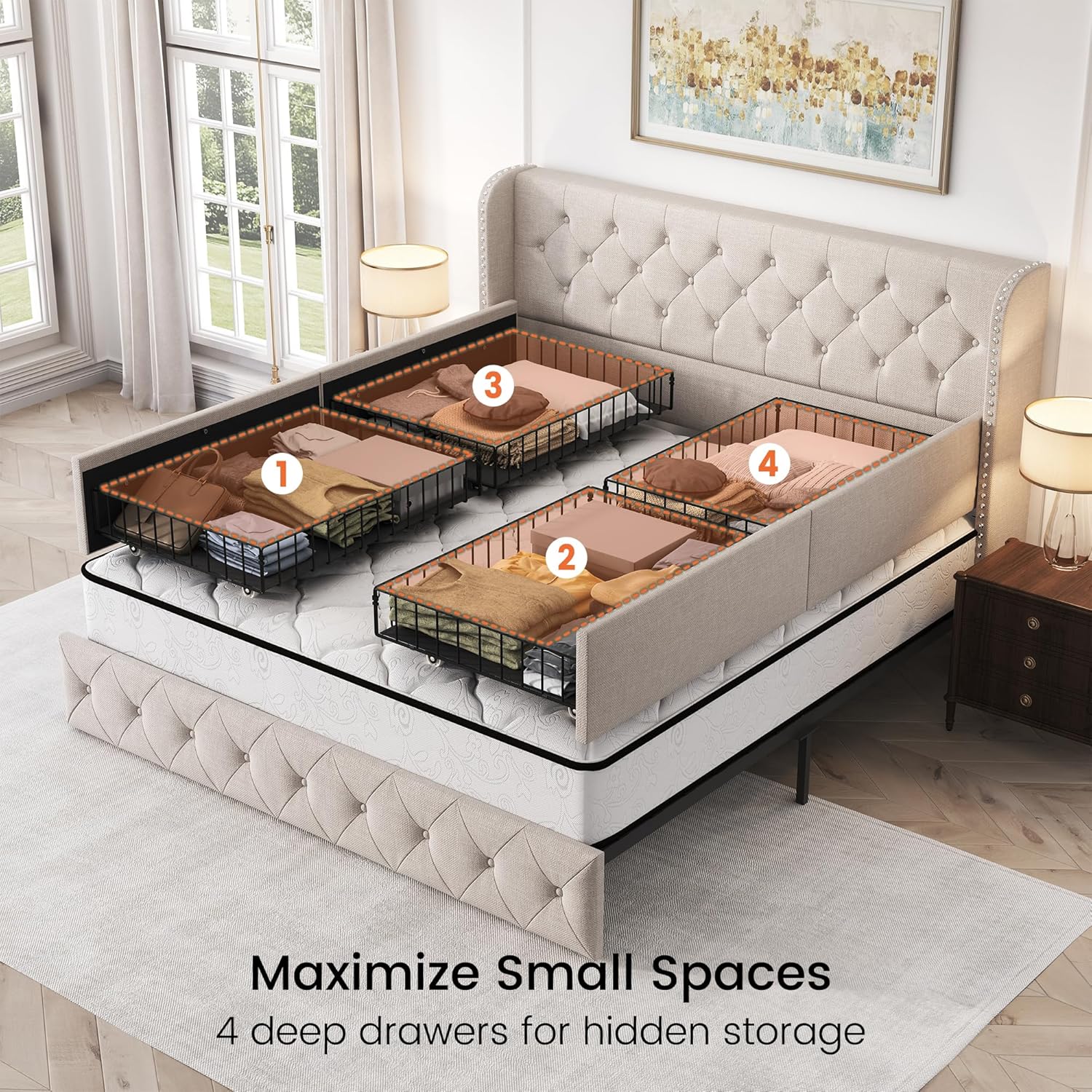 LARMACE King Size Bed Frame with 4 Storage Drawers and Tufted Headboard Linen Upholstered Platform Bed Frame Wingback Beds with Wooden Slats Support, Easy Assembly, Beige