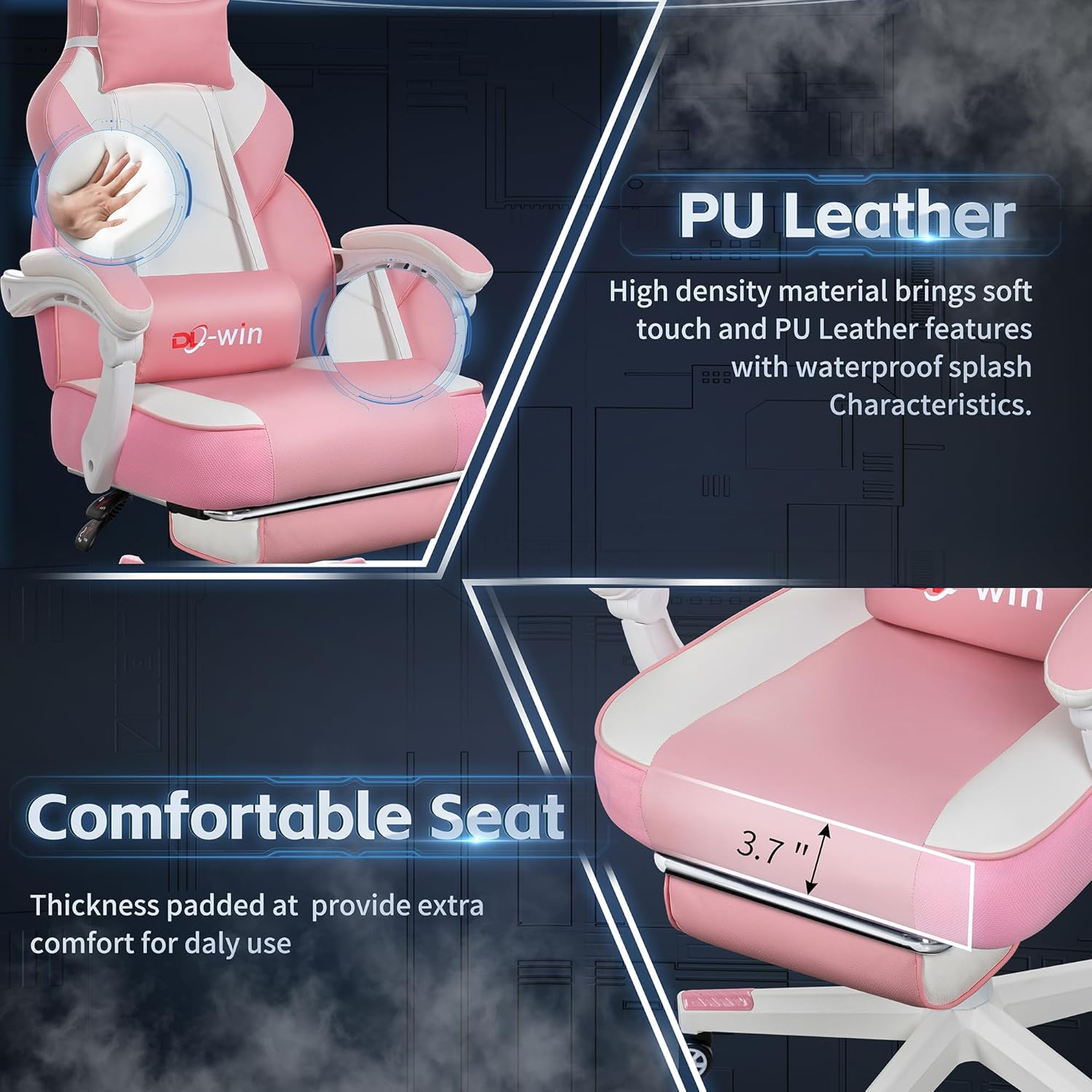 DL-win Video Gaming Chairs for Adults, Gamer Chair with Footrest, High Back, Big and Tall Gamer Chair‘s with Massage Lumbar Support, 360° Swivel Height Adjustable Computer Chaires, Pink