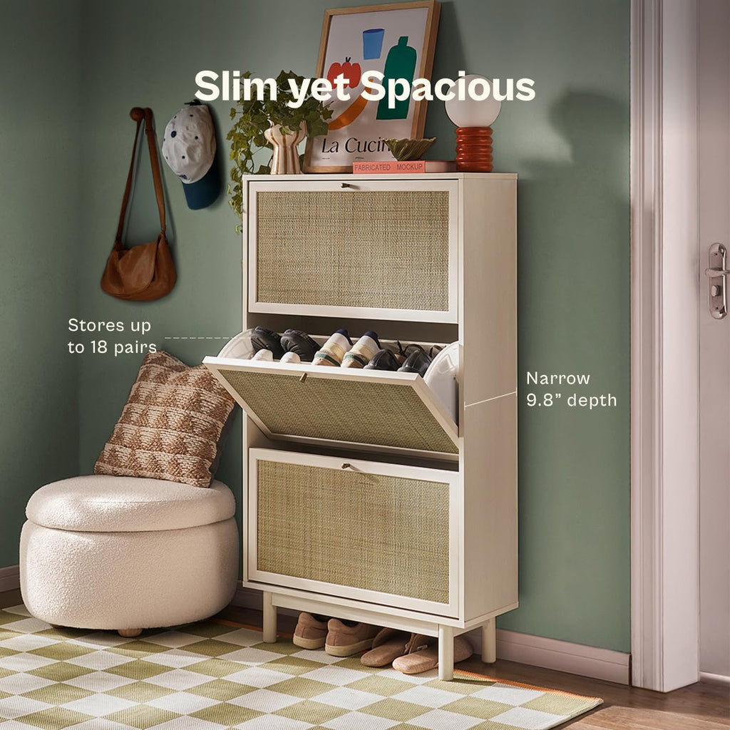 mopio Hannah Shoe Cabinet, Natural Rattan Farmhouse Shoe Storage Organizer, 3 Door Closet Rack for Entryway, Spacious Hallway Storage Cabinet with Doors & Shelves, Sturdy Solid Wood Legs (Whitewash)