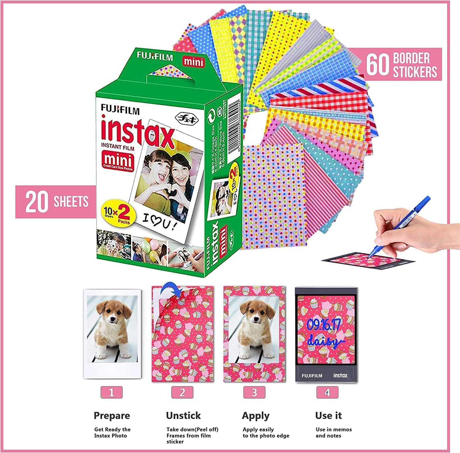 Fujifilm Instax Mini Link 3 Smartphone Printer Clay White + Fuji Film Value Pack (20 Sheets)+ Shutter Accessories Bundle  Incl. Protective Case  20 Sticker Frames  USB Type C Cable