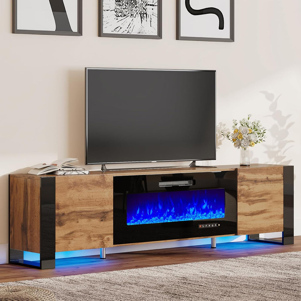 AMERLIFE Fireplace TV Stand with 36" Fireplace, 70" Modern Entertainment Center with High Gloss Doors & LED Lights, U-Shaped Legs TV Console Cabinet for TVs Up to 80", Rustic Oak