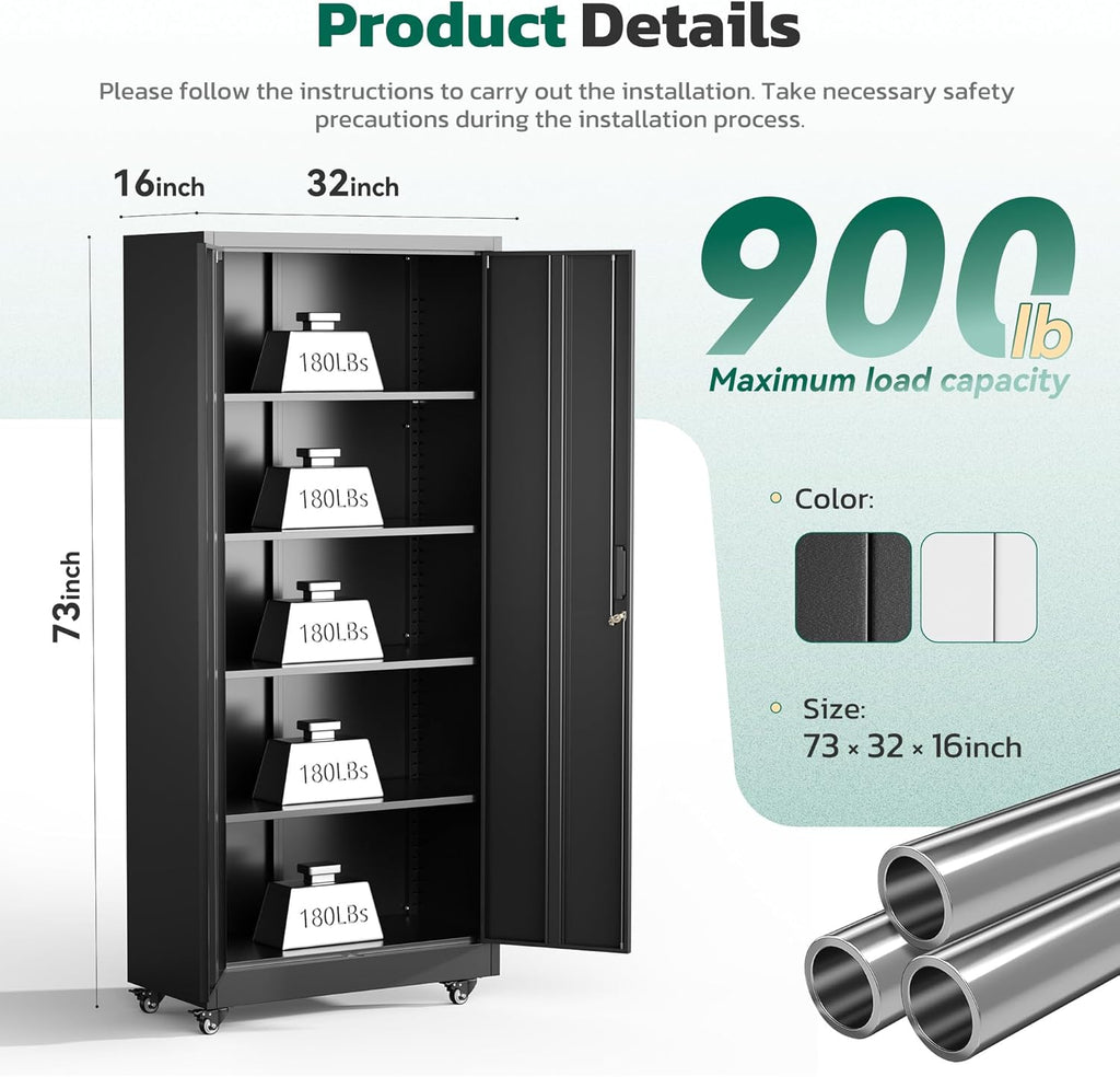 Greenvelly 73" Storage Cabinet with Wheels,Metal Rolling Garage Cabinet with Locking Doors and 4 Adjustable Shelves for Home,Kitchen,Office,Warehouse(32" W x 16" D)